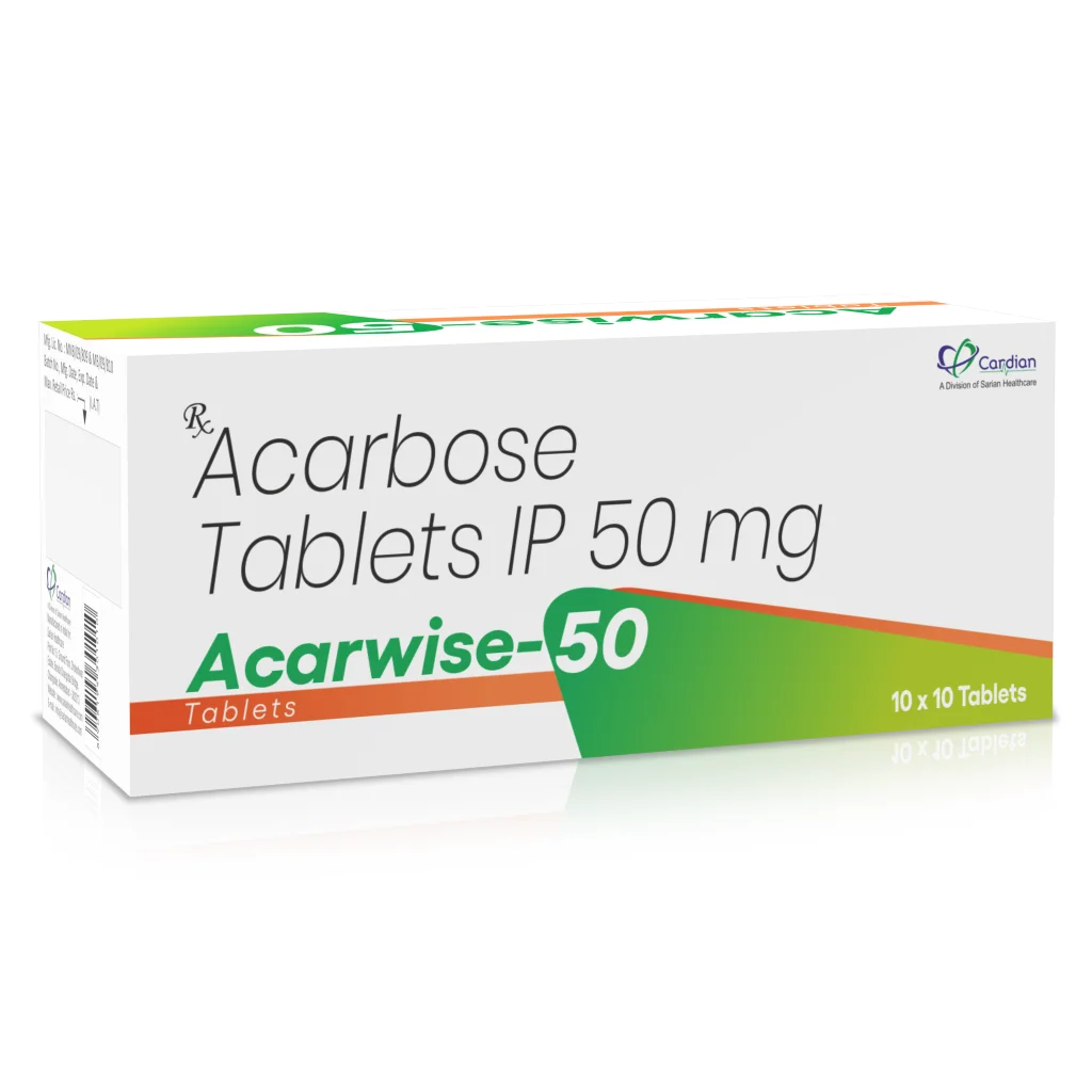 Acarbose 50mg Antidiabetics PCD Pharma Franchise 1 CardianCare acarbose 50mg antidiabetic Tablets for type 2 diabetes management, featuring the acarbose pharmaceutical formulation, oral dosage strength, diabetes care product category, pharmaceutical supply enquiries, medicine distribution information, healthcare professionals, pharmacists, wholesalers and eligible pharmaceutical business partners in India.
