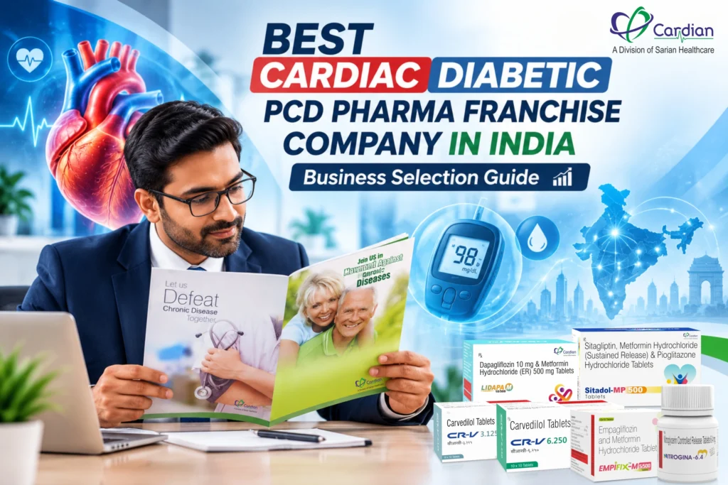 Cardiac Diabetic PCD Pharma Franchise Professional Indian pharmaceutical business consultation featuring cardiac diabetic PCD pharma franchise company in India, CardianCare healthcare portfolio, heart health visuals, diabetes monitoring, medicine products, and business opportunity guidance for franchise partners and healthcare distributors across India in a professional setting.