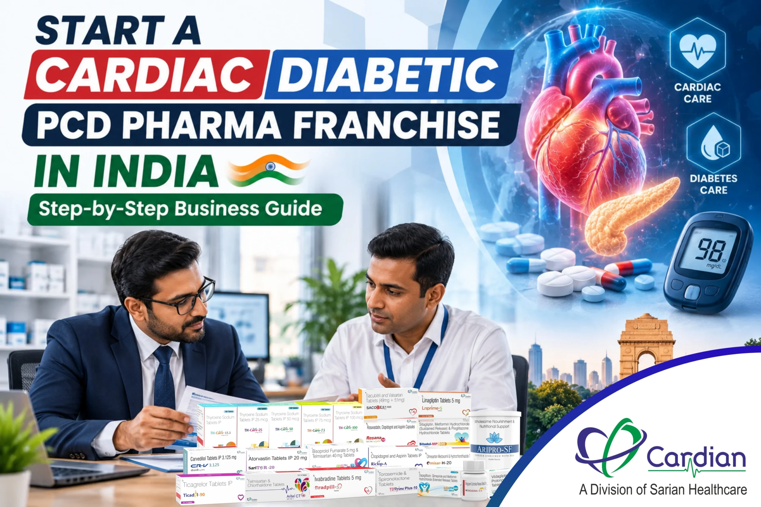 Cardiac Diabetic PCD Pharma Franchise in India Professional Indian pharmaceutical business meeting representing cardiac diabetic PCD pharma franchise opportunities, product planning, healthcare distribution strategy, and CardianCare guidance.