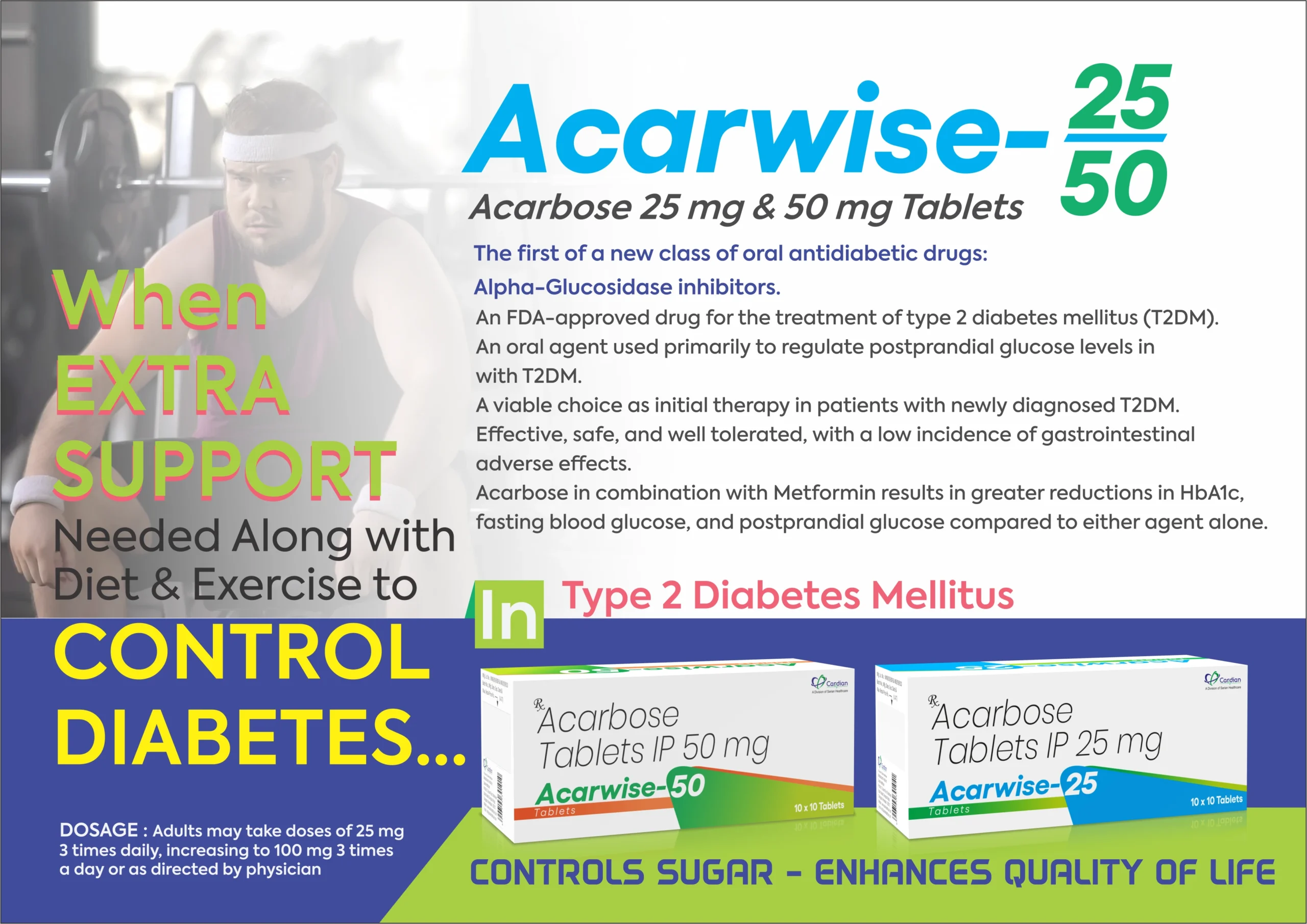 Acarbose 50mg Antidiabetics PCD Pharma Franchise 2 CardianCare acarbose 50mg antidiabetic tablets for type 2 diabetes management, highlighting alpha-glucosidase inhibitor composition, oral dosage strength, diabetic healthcare product information, pharmaceutical supply enquiries, medicine distribution, pharmacists, wholesalers, healthcare professionals and eligible pharmaceutical business partners throughout India.