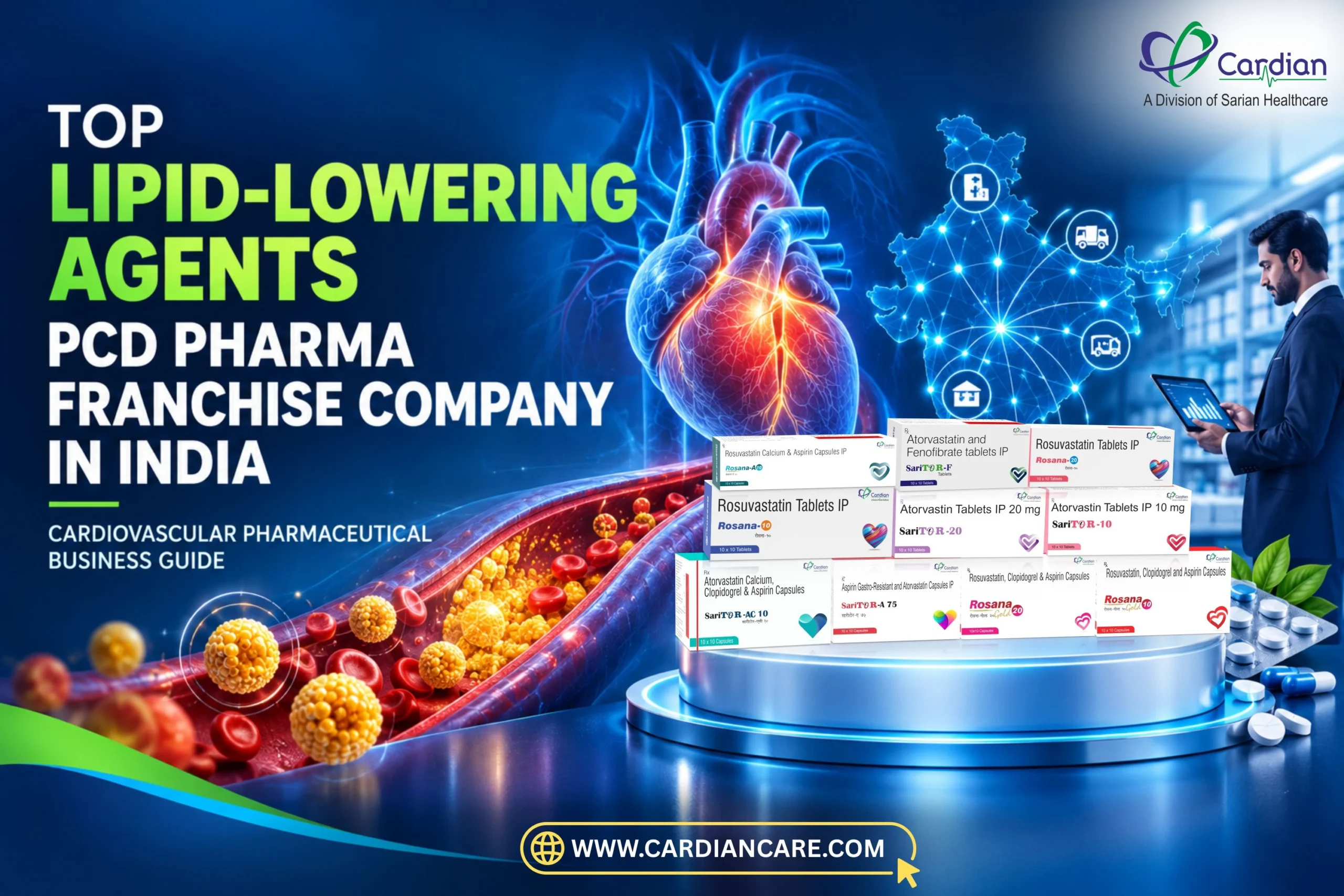 lipid-lowering agents PCD pharma franchise in India featuring CardianCare cardiovascular medicines, cholesterol management visualization, pharmaceutical products, heart health concept, Indian distribution network, and business opportunity for entrepreneurs exploring lipid-lowering medicine franchise and cardiovascular pharmaceutical business opportunities across India.